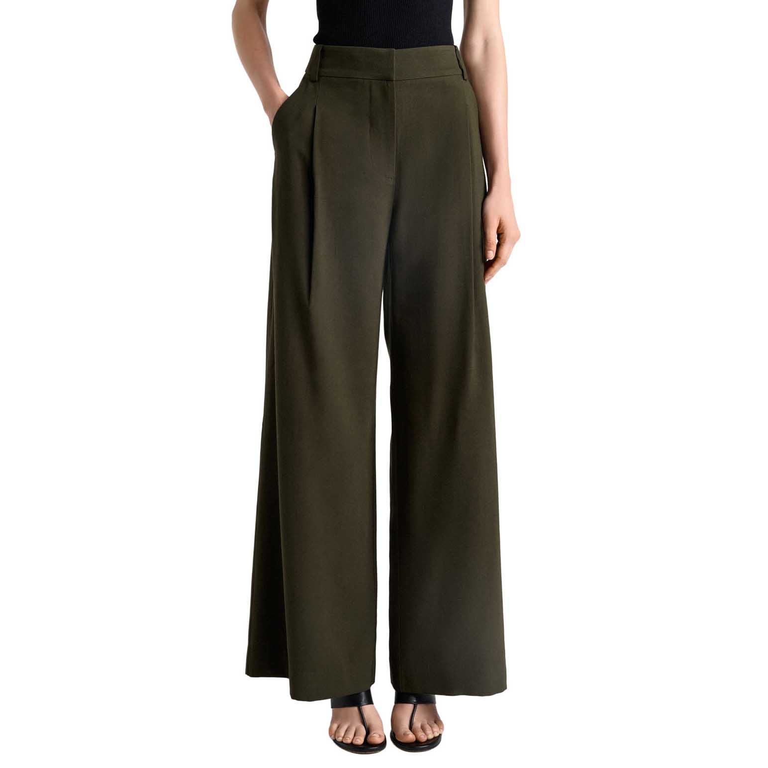 Cue Olivine Viscose Twill Pleated Wide Leg Pant